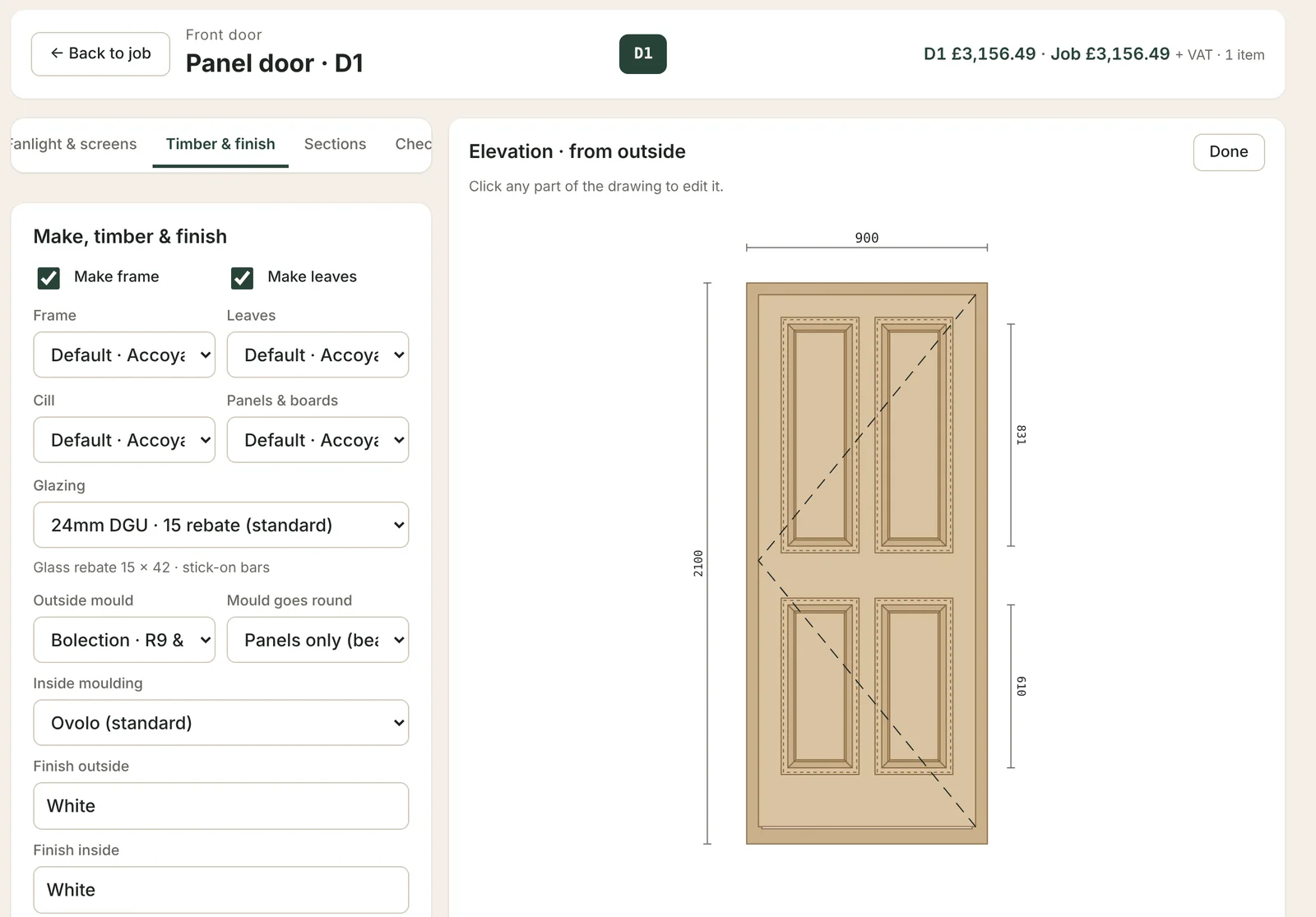 The Joinery OS drawing screen: a four-panel front door with bolection mouldings drawn to size beside its timber, glazing and moulding settings, with the price at the top